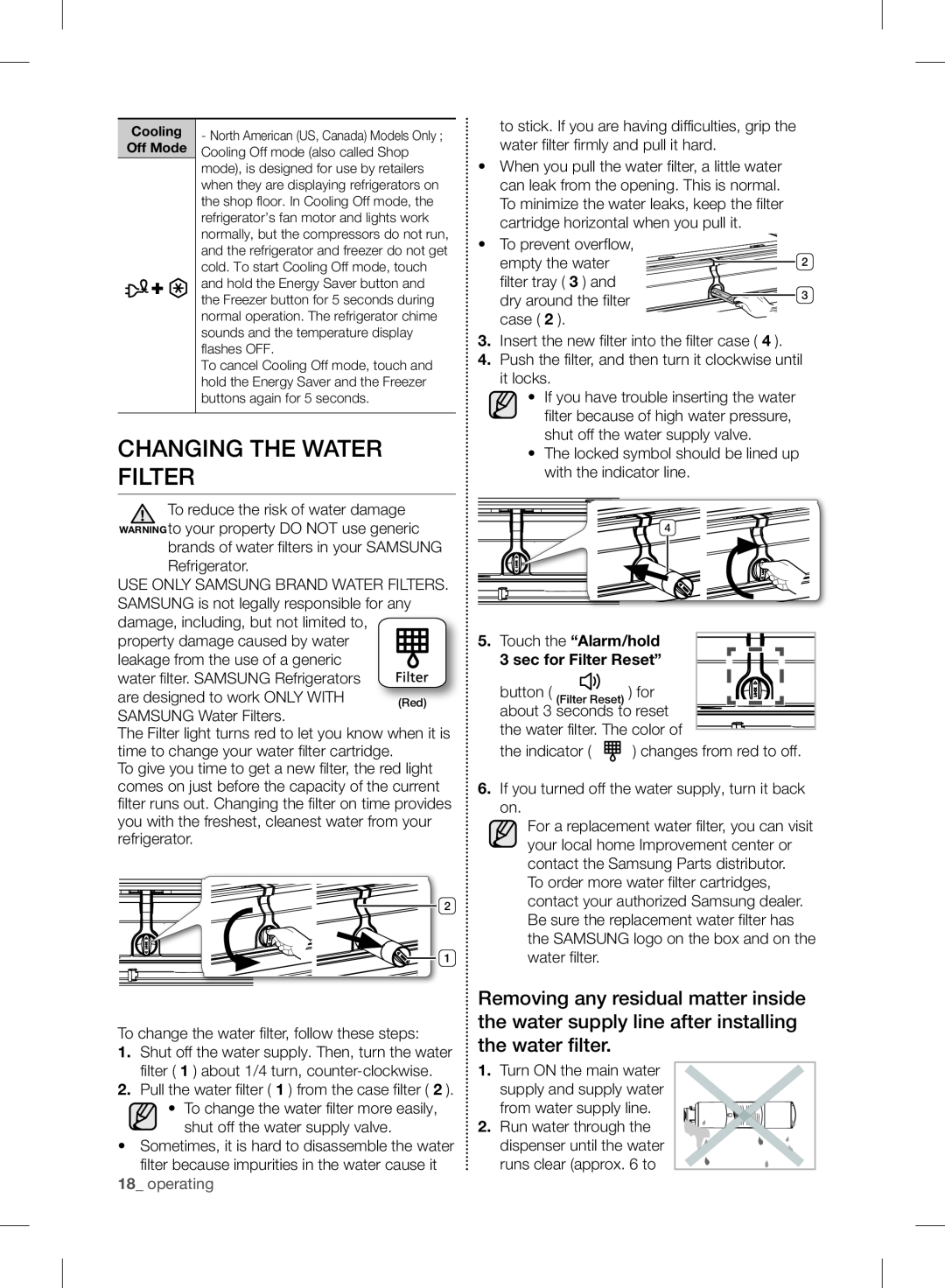 Samsung RF24FSEDBSR user manual Changing The Water Filter, 18_ operating, Touch the “Alarm/hold 3 sec for Filter Reset” 