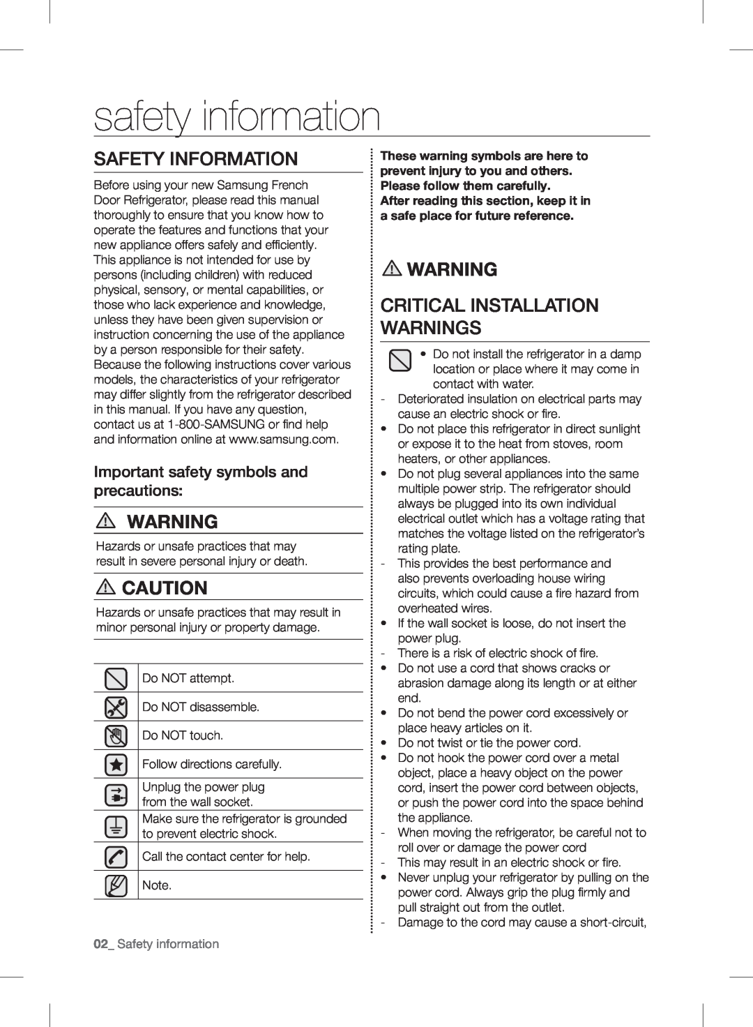 Samsung RF24FSEDBSR safety information, Safety Information, Critical Installation Warnings, 02_ Safety information 