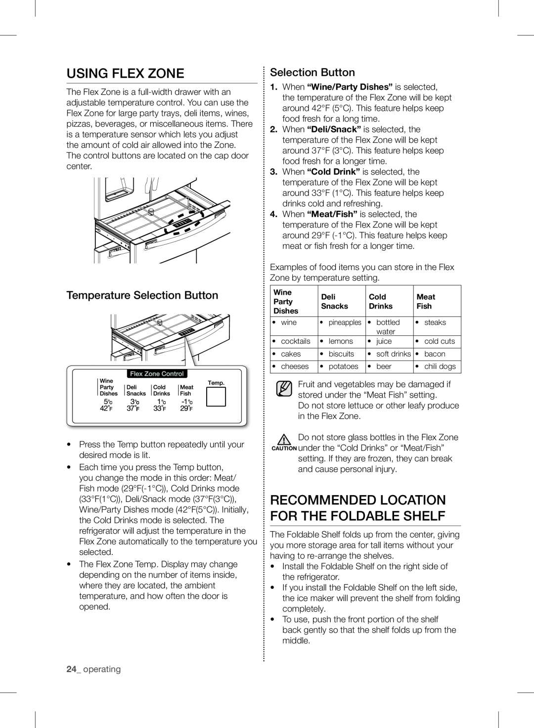 Samsung RF24FSEDBSR user manual Using Flex Zone, Recommended Location For The Foldable Shelf, Temperature Selection Button 