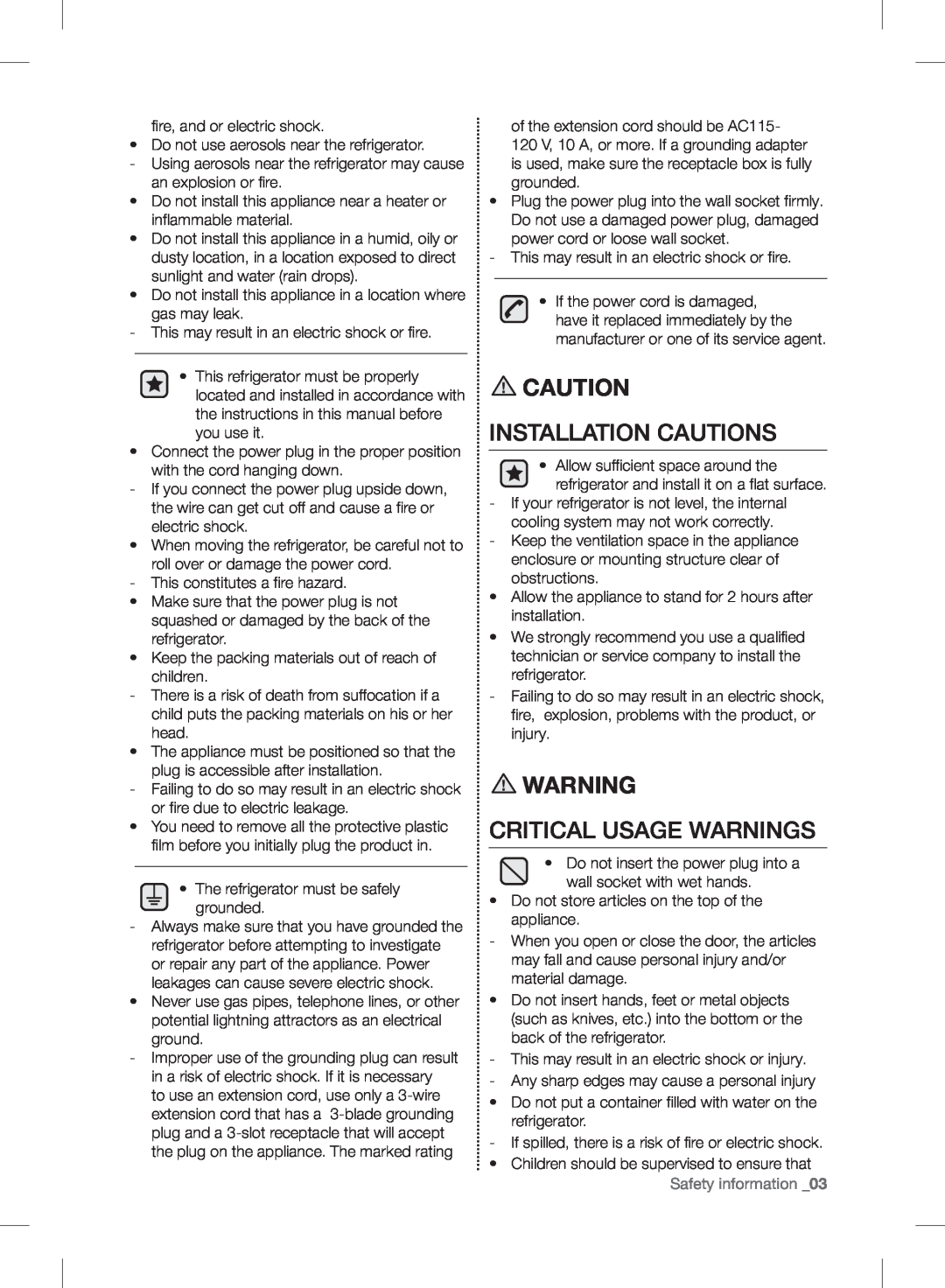 Samsung RF24FSEDBSR user manual Installation Cautions, Critical Usage Warnings 