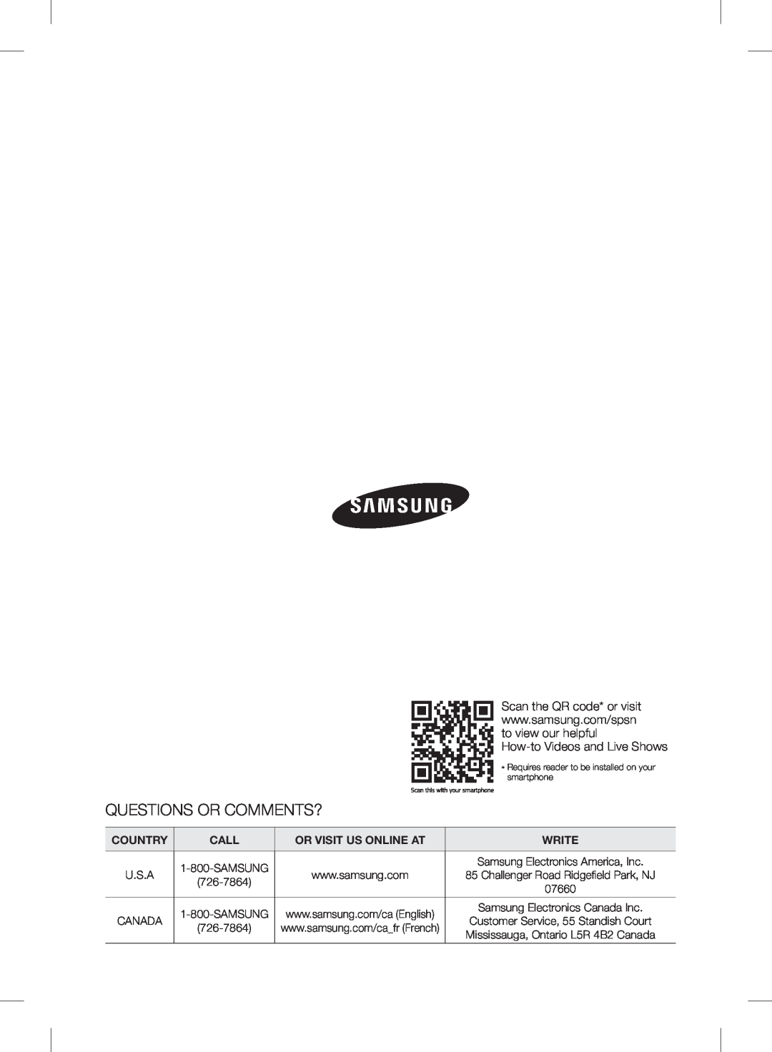 Samsung RF24FSEDBSR user manual Questions Or Comments?, Country, Call, Or Visit Us Online At, Write 