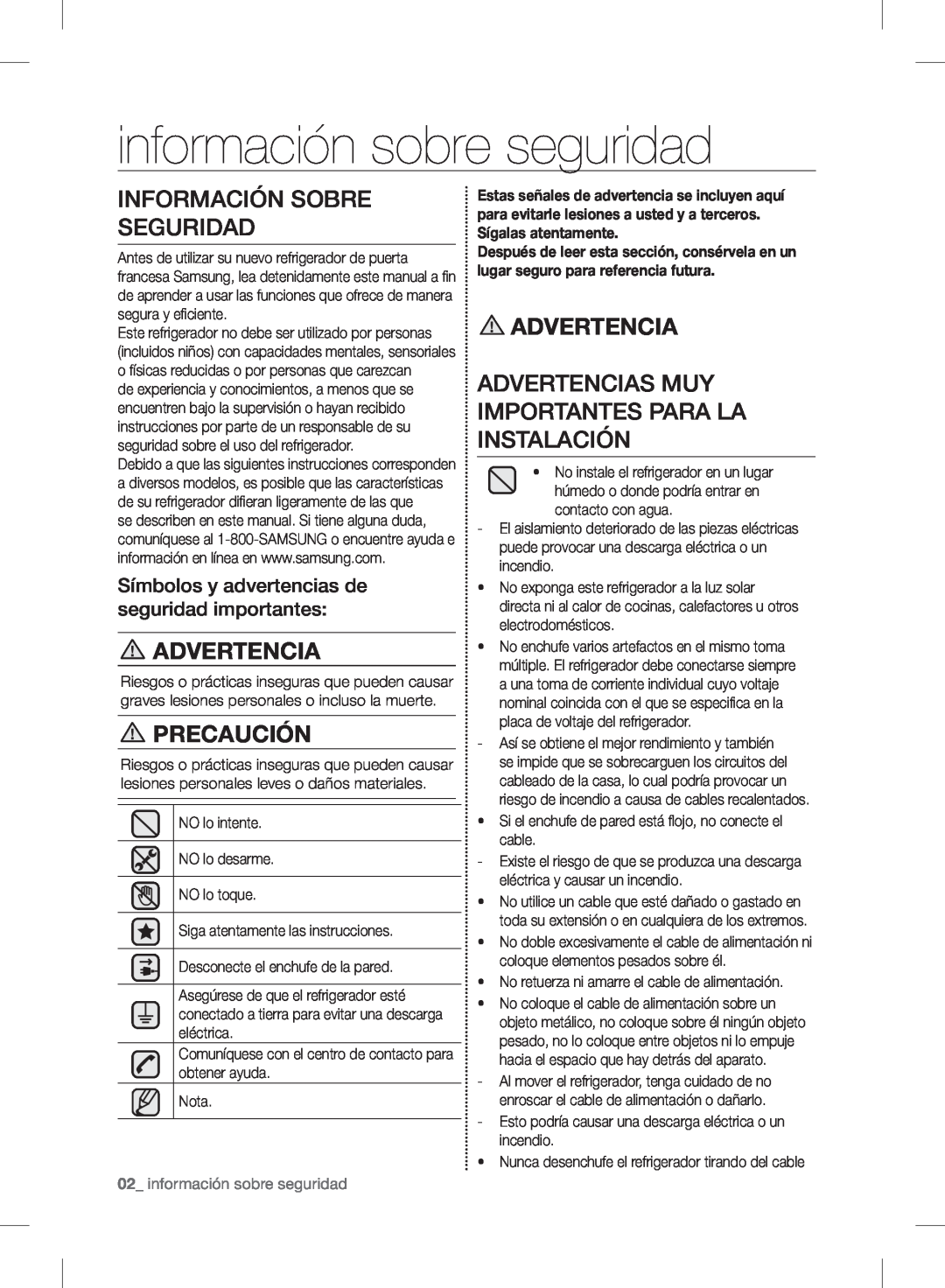 Samsung RF24FSEDBSR user manual información sobre seguridad, Información Sobre Seguridad, Advertencia, Precaución 