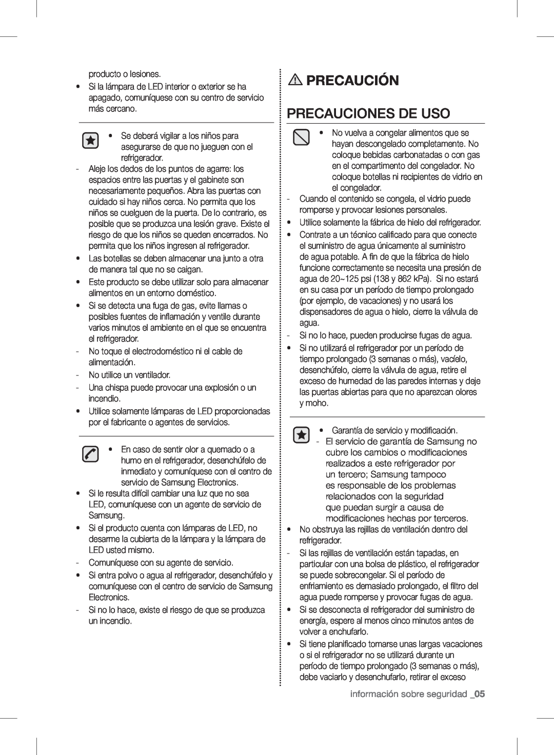 Samsung RF24FSEDBSR user manual Precauciones De Uso, información sobre seguridad _05, Precaución 