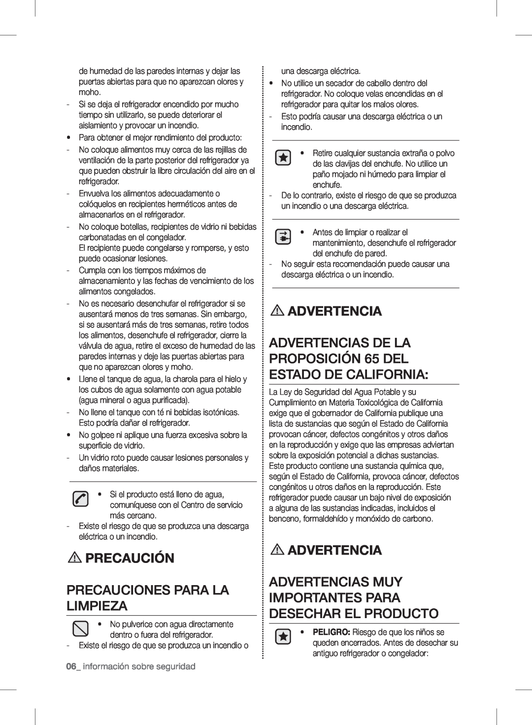 Samsung RF24FSEDBSR user manual Precauciones Para La Limpieza, Precaución, Advertencia 