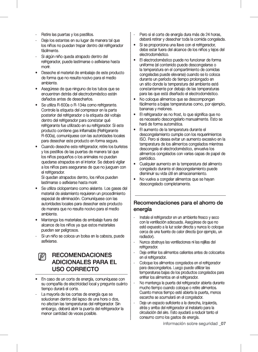 Samsung RF24FSEDBSR user manual Recomendaciones Adicionales Para El Uso Correcto, Recomendaciones para el ahorro de energía 