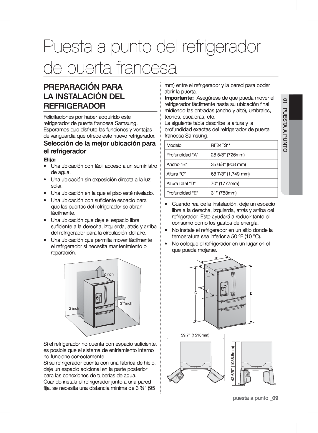 Samsung RF24FSEDBSR user manual Preparación Para La Instalación Del Refrigerador, puesta a punto _09, Elija 
