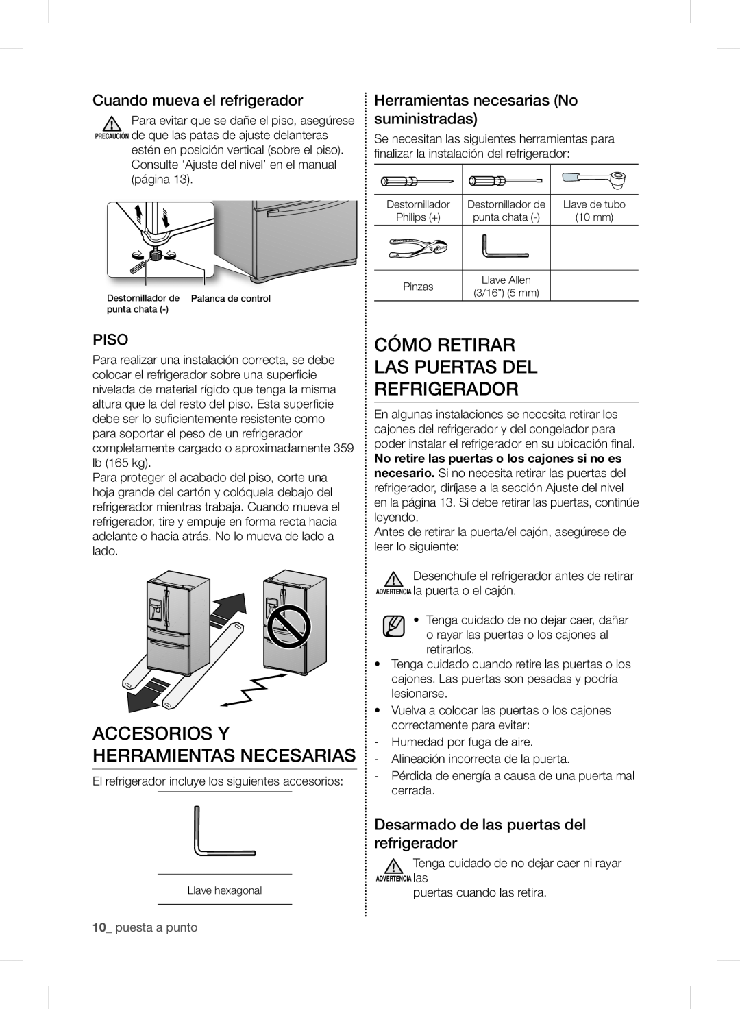 Samsung RF24FSEDBSR user manual Cómo Retirar Las Puertas Del Refrigerador, Accesorios Y Herramientas Necesarias, Piso 