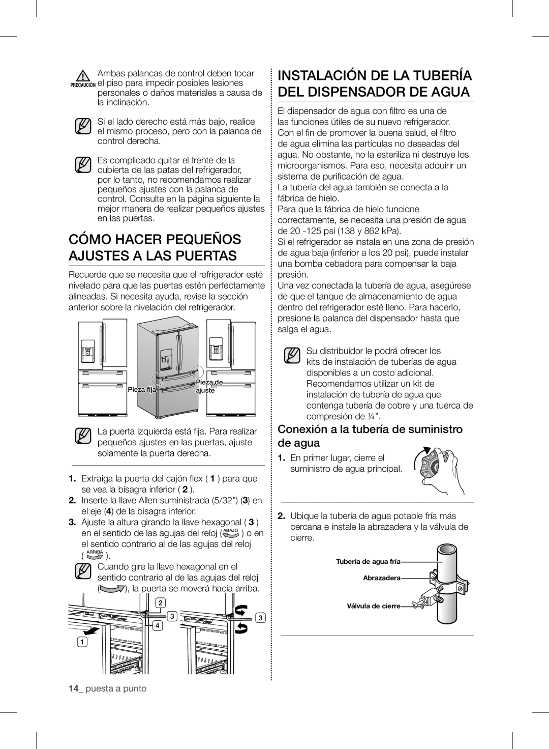 Samsung RF24FSEDBSR Cómo Hacer Pequeños Ajustes A Las Puertas, Instalación De La Tubería Del Dispensador De Agua 