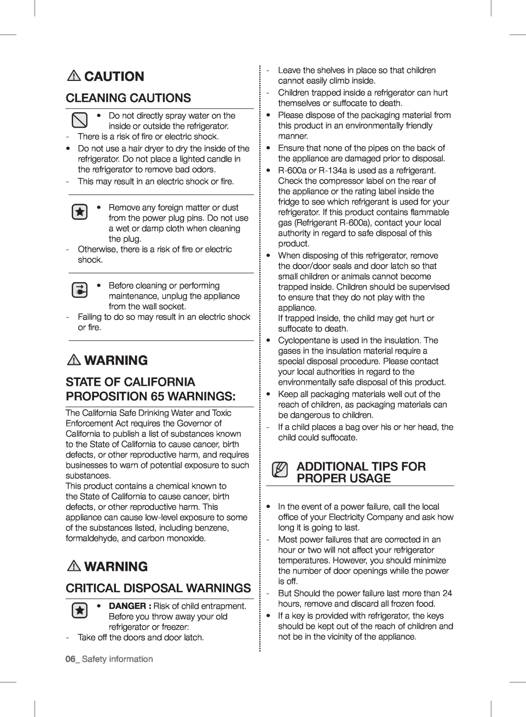 Samsung RF24FSEDBSR user manual Cleaning Cautions, STATE OF CALIFORNIA PROPOSITION 65 WARNINGS, Critical Disposal Warnings 