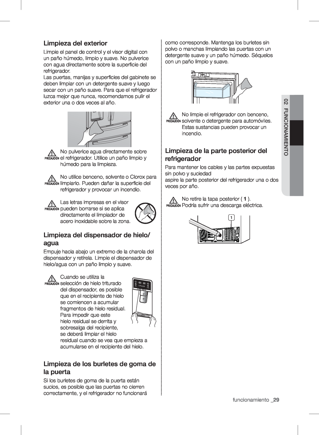 Samsung RF24FSEDBSR user manual Limpieza del exterior, Limpieza del dispensador de hielo/ agua, funcionamiento _29 