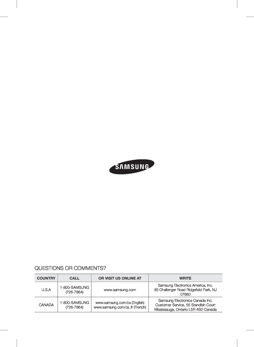 Samsung RF24FSEDBSR user manual Questions Or Comments?, Country, Call, Or Visit Us Online At, Write 