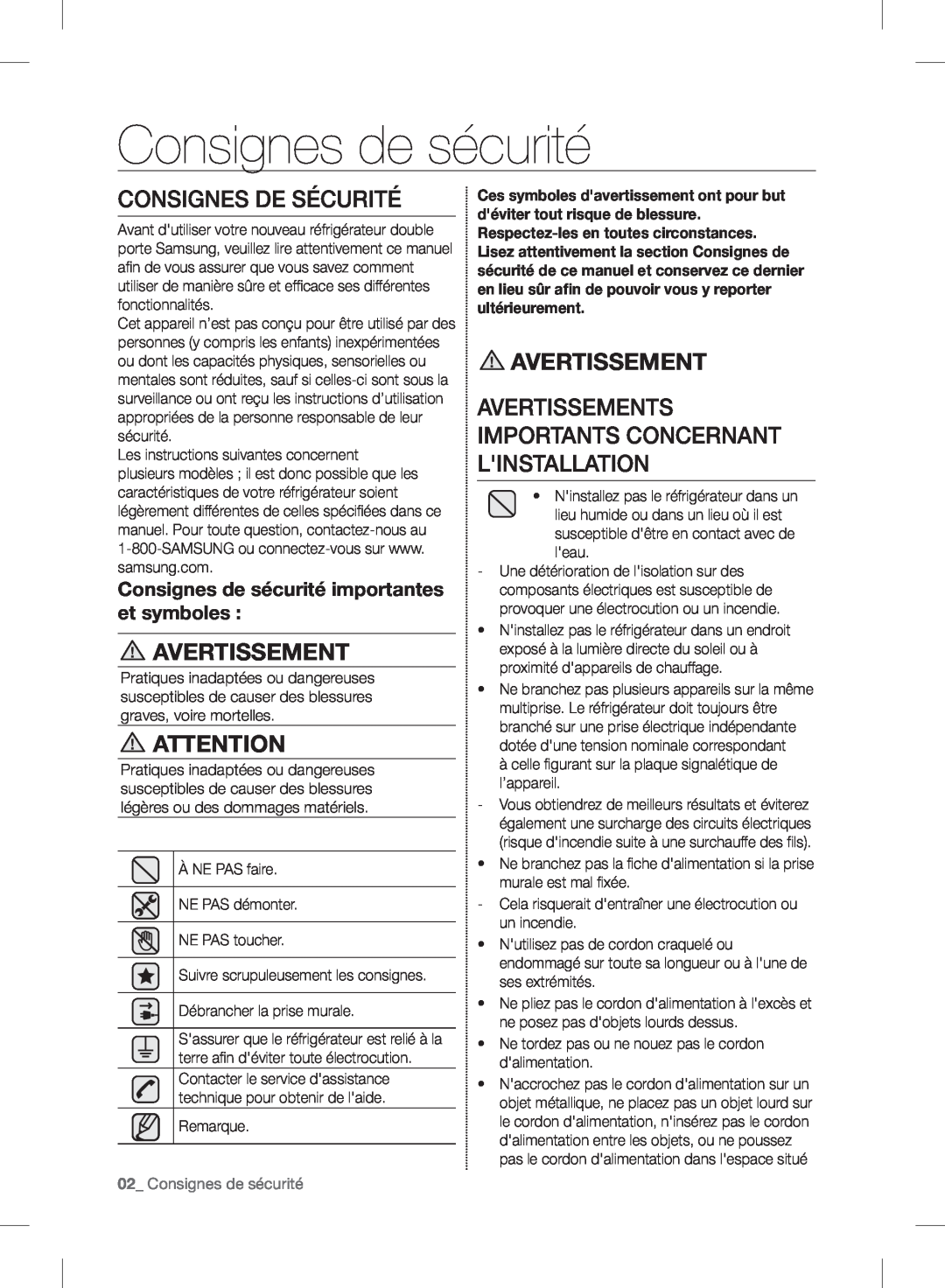 Samsung RF24FSEDBSR user manual Consignes De Sécurité, Avertissement, 02_ Consignes de sécurité 