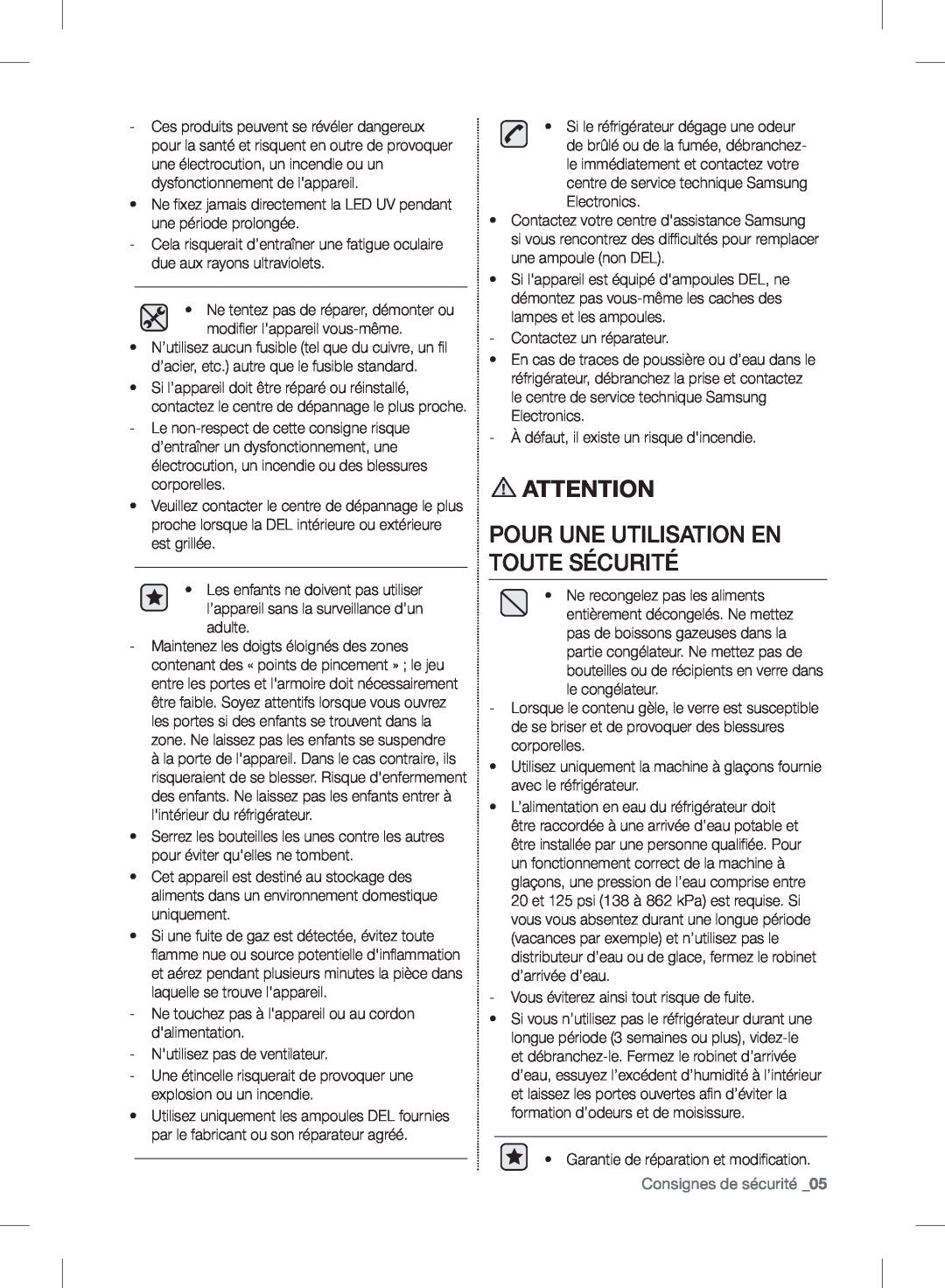 Samsung RF24FSEDBSR user manual Pour Une Utilisation En Toute Sécurité, Consignes de sécurité _05 