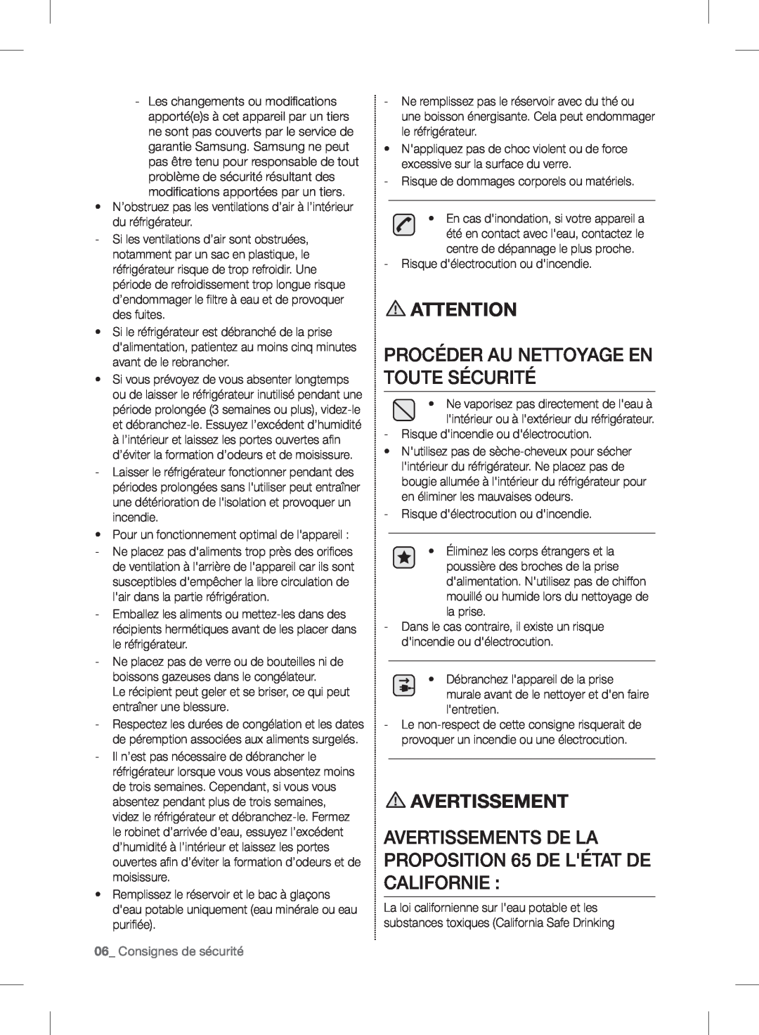 Samsung RF24FSEDBSR user manual Procéder Au Nettoyage En Toute Sécurité, 06_ Consignes de sécurité, Avertissement 