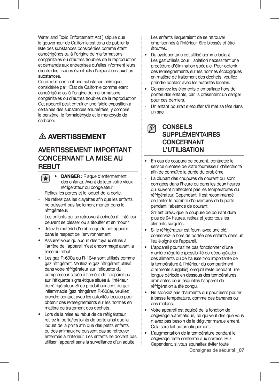 Samsung RF24FSEDBSR user manual Conseils Supplémentaires Concernant Lutilisation, Consignes de sécurité _07, Avertissement 