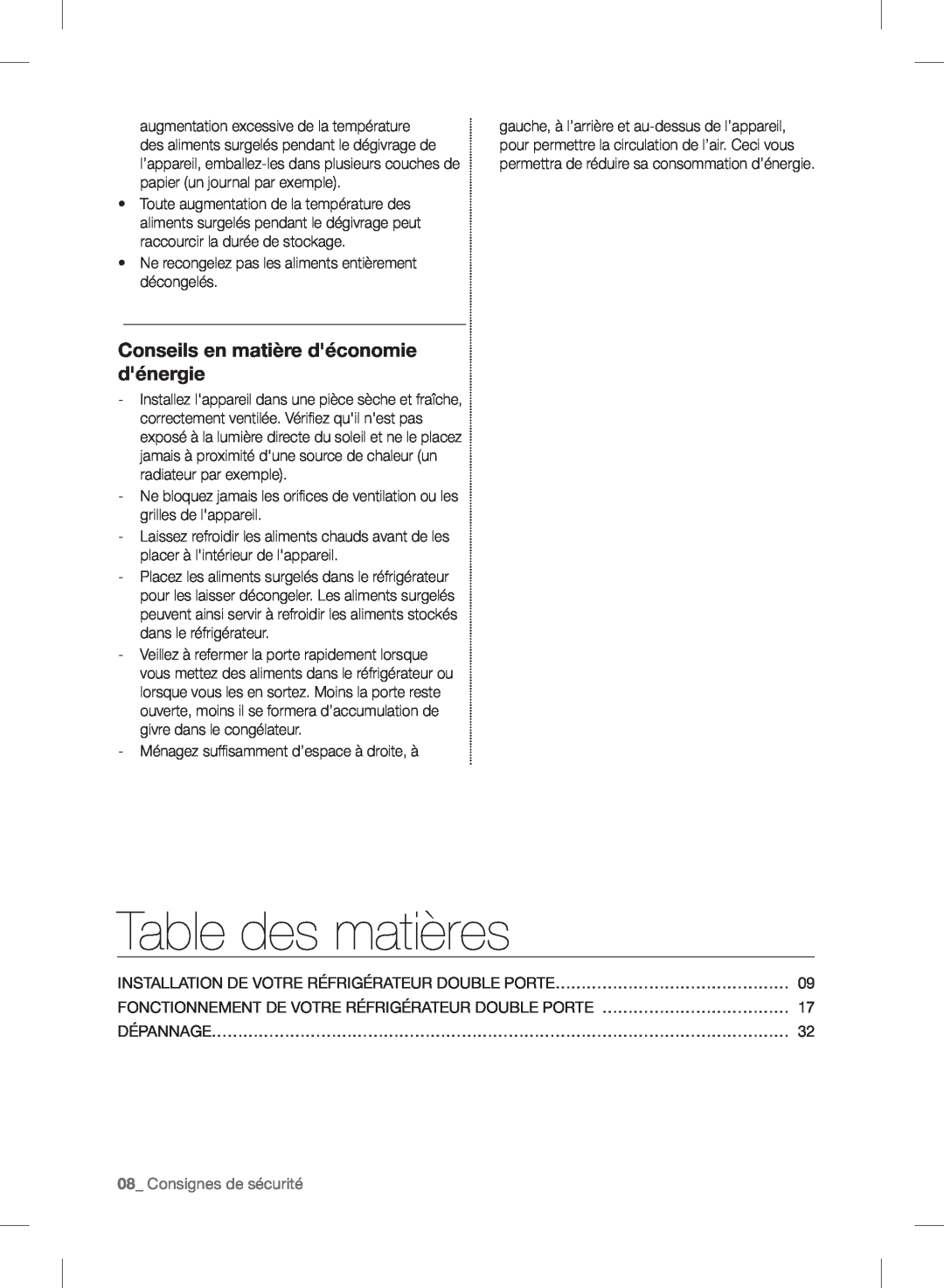 Samsung RF24FSEDBSR user manual Table des matières, Conseils en matière déconomie dénergie, 08_ Consignes de sécurité 