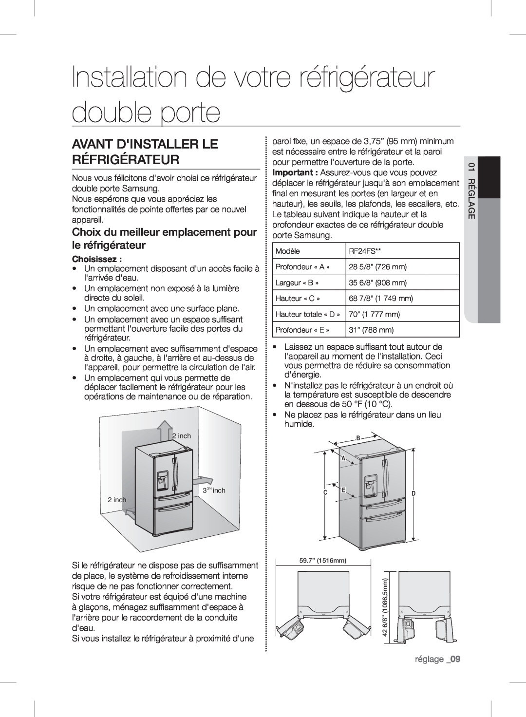 Samsung RF24FSEDBSR Installation de votre réfrigérateur double porte, Avant Dinstaller Le Réfrigérateur, réglage _09 