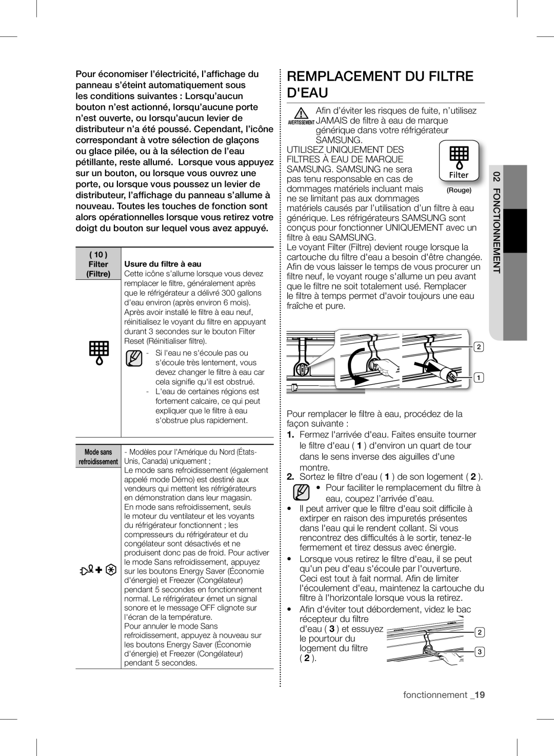 Samsung RF24FSEDBSR user manual Remplacement Du Filtre Deau, fonctionnement 