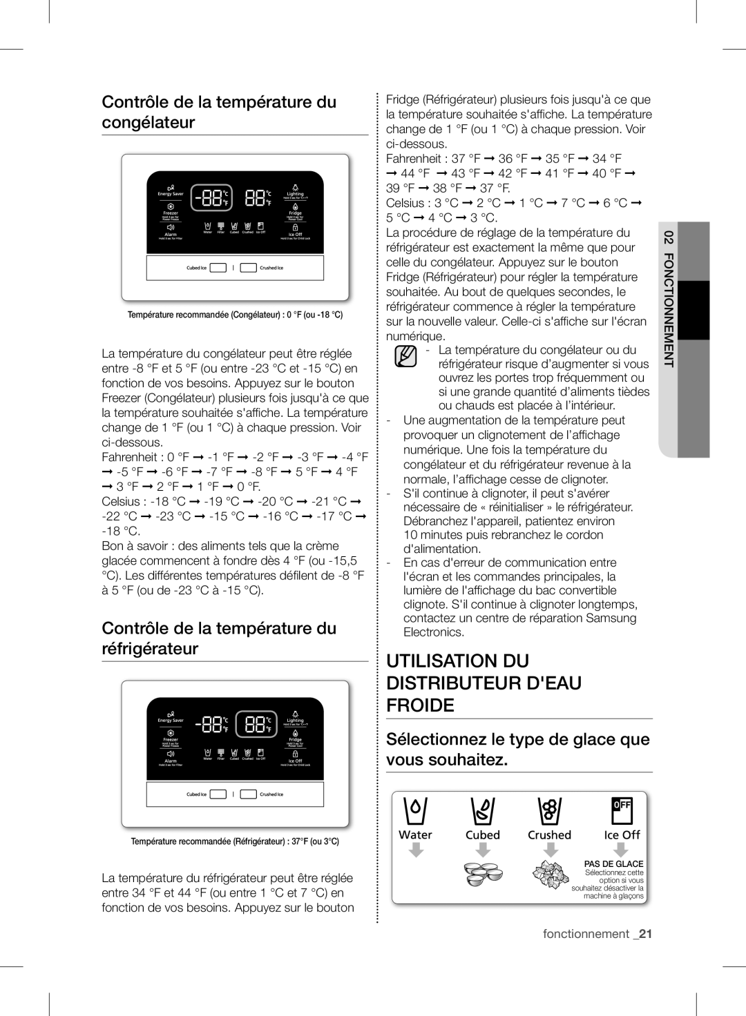 Samsung RF24FSEDBSR Utilisation Du Distributeur Deau Froide, Contrôle de la température du congélateur, fonctionnement _21 