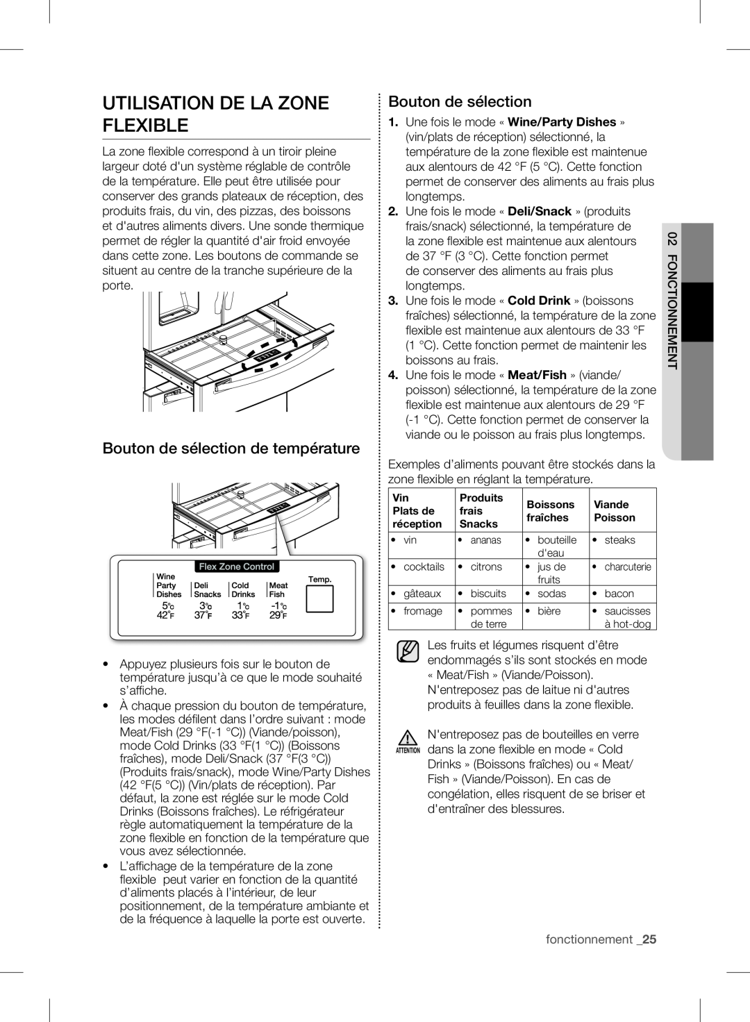 Samsung RF24FSEDBSR user manual Utilisation De La Zone Flexible, Bouton de sélection de température, fonctionnement _25 