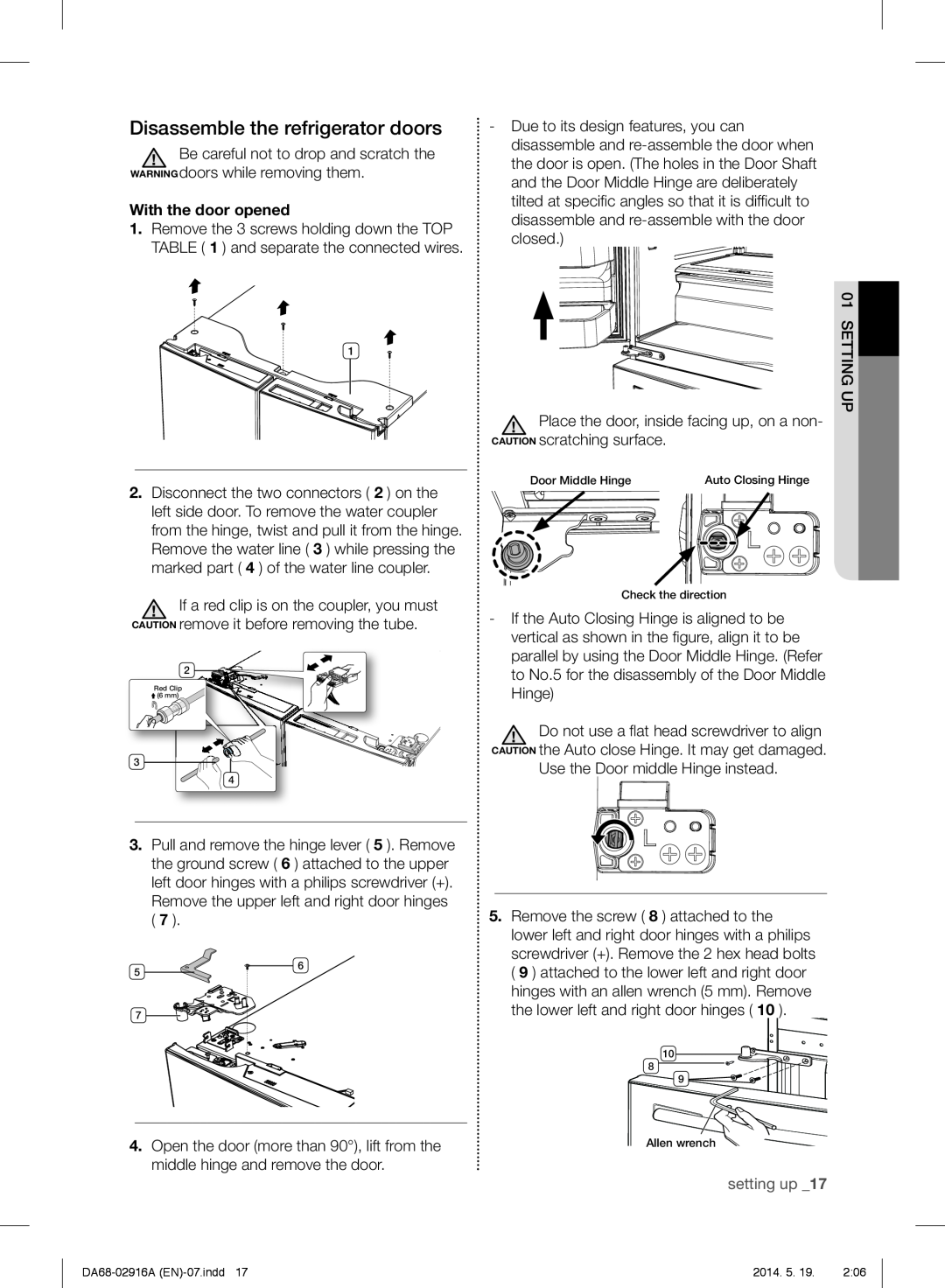 Samsung RF24FSEDBSR user manual Disassemble the refrigerator doors, With the door opened, setting up 