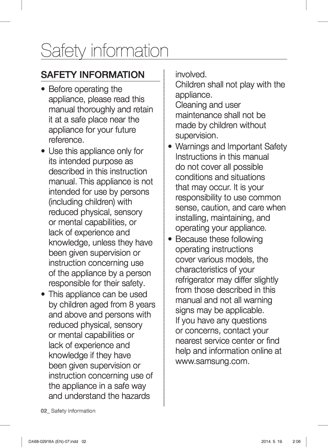 Samsung RF24FSEDBSR user manual Safety information, Safety Information 