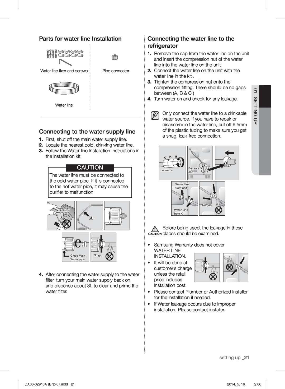 Samsung RF24FSEDBSR user manual Parts for water line Installation, Connecting to the water supply line, setting up 