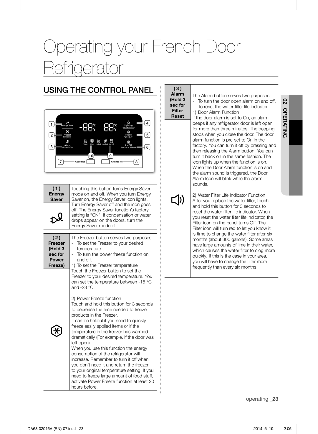 Samsung RF24FSEDBSR user manual Operating your French Door Refrigerator, Alarm, sec for, Reset, operating 