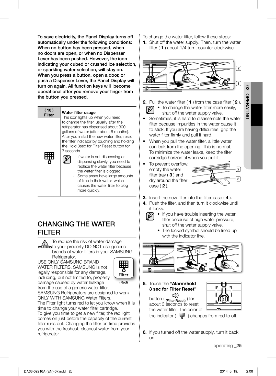 Samsung RF24FSEDBSR user manual Changing The Water Filter, operating 