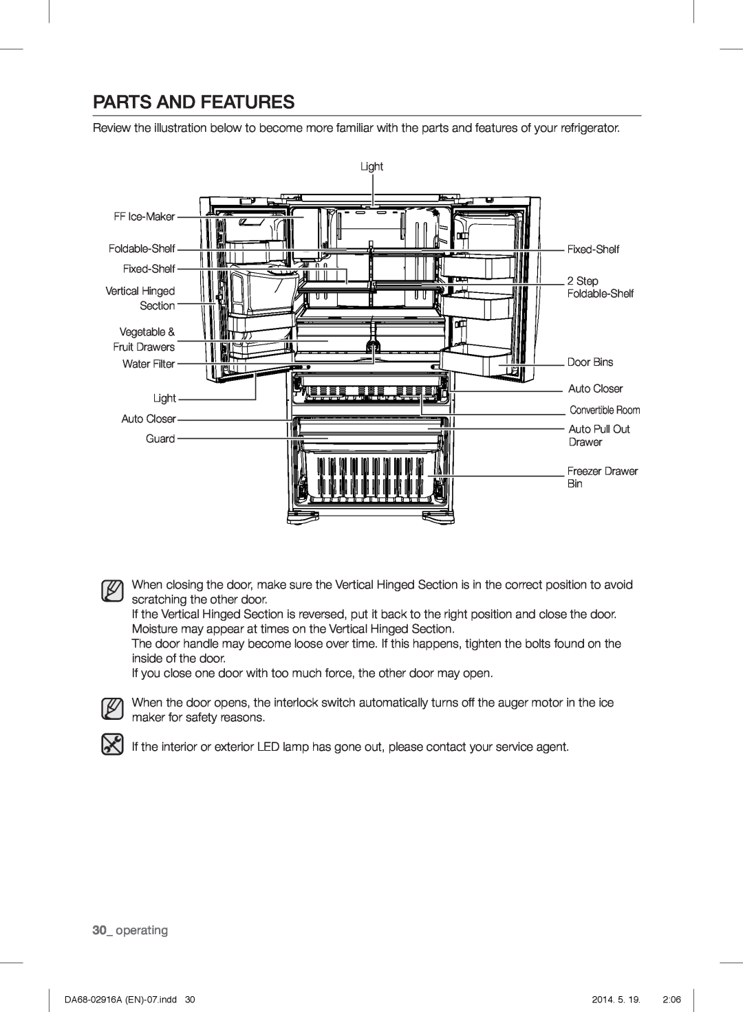 Samsung RF24FSEDBSR user manual Parts And Features, operating 