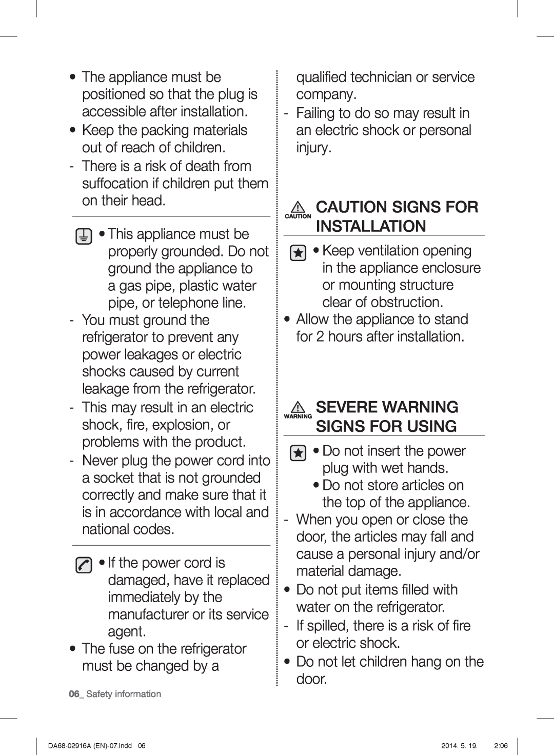 Samsung RF24FSEDBSR user manual Caution Signs For, Installation, Signs For Using, Severe Warning 
