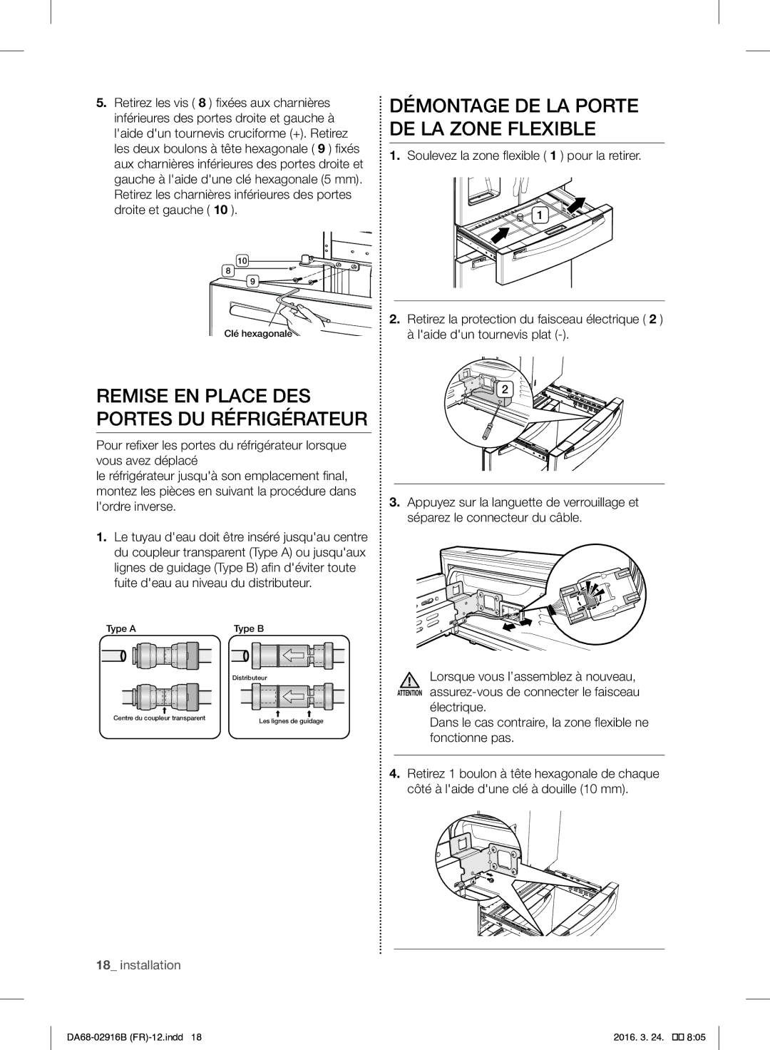 Samsung RF24FSEDBSR/EF manual Démontage DE LA Porte DE LA Zone Flexible, Remise EN Place DES Portes DU Réfrigérateur 