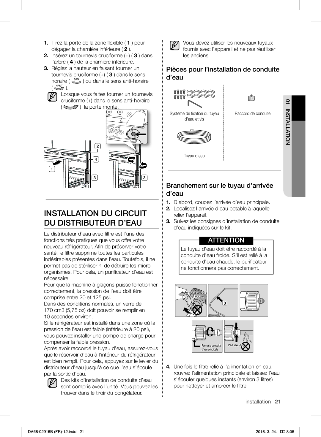 Samsung RF24FSEDBSR/EF manual Installation DU Circuit DU Distributeur D’EAU, Pièces pour l’installation de conduite d’eau 