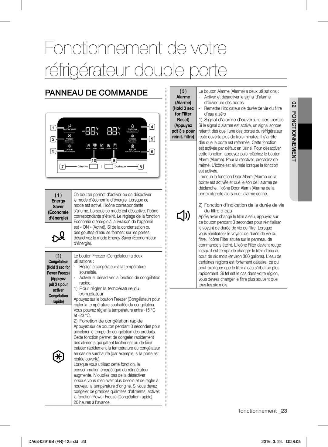 Samsung RF24FSEDBSR/EF manual Fonctionnement de votre réfrigérateur double porte, Panneau DE Commande 