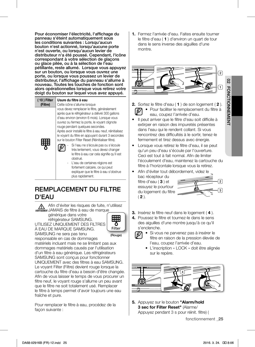 Samsung RF24FSEDBSR/EF manual Remplacement DU Filtre Deau 