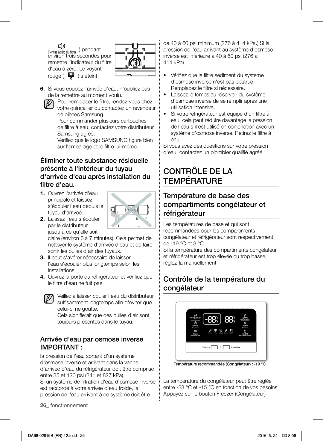 Samsung RF24FSEDBSR/EF manual Contrôle DE LA Température, Contrôle de la température du congélateur, 414 kPa 