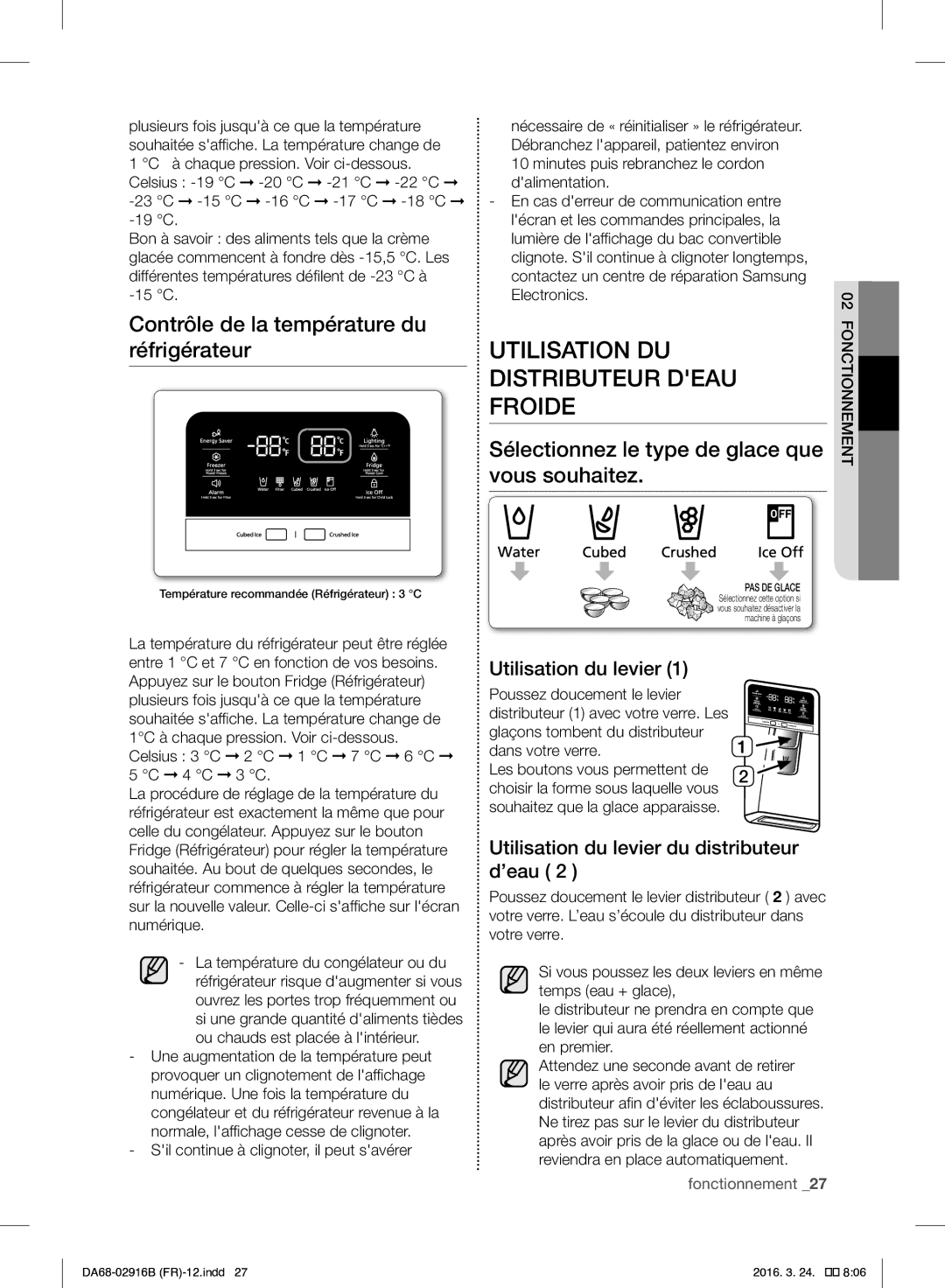 Samsung RF24FSEDBSR/EF manual Utilisation DU Distributeur Deau Froide, Contrôle de la température du réfrigérateur 