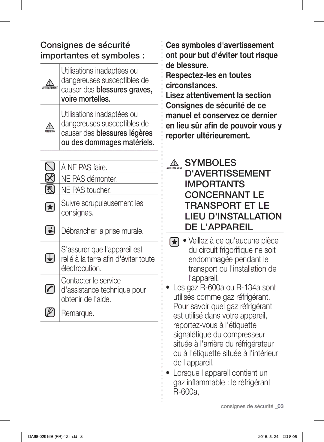 Samsung RF24FSEDBSR/EF manual Symboles Avertissement Davertissement 