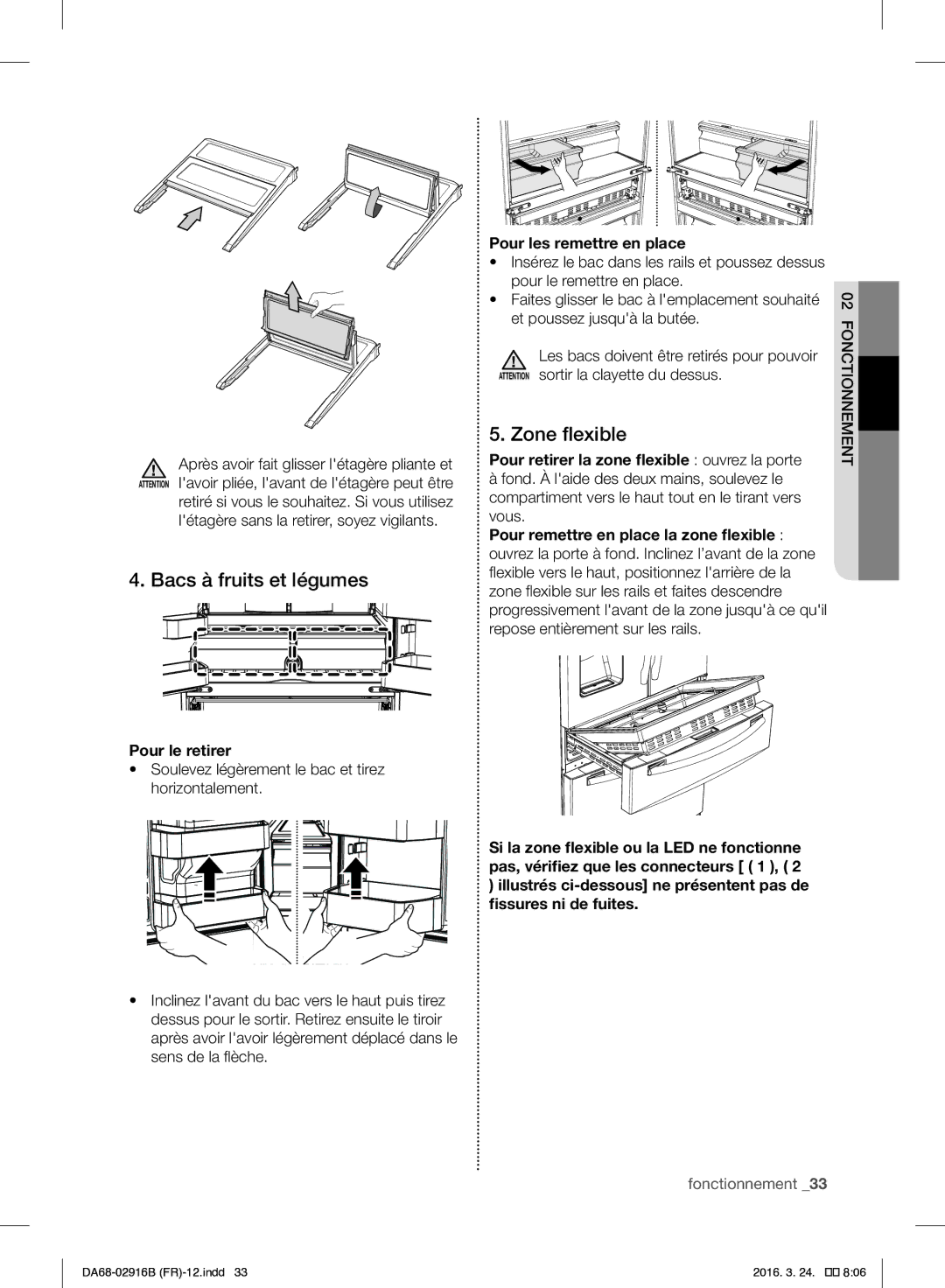 Samsung RF24FSEDBSR/EF manual Bacs à fruits et légumes, Zone flexible, Létagère sans la retirer, soyez vigilants 