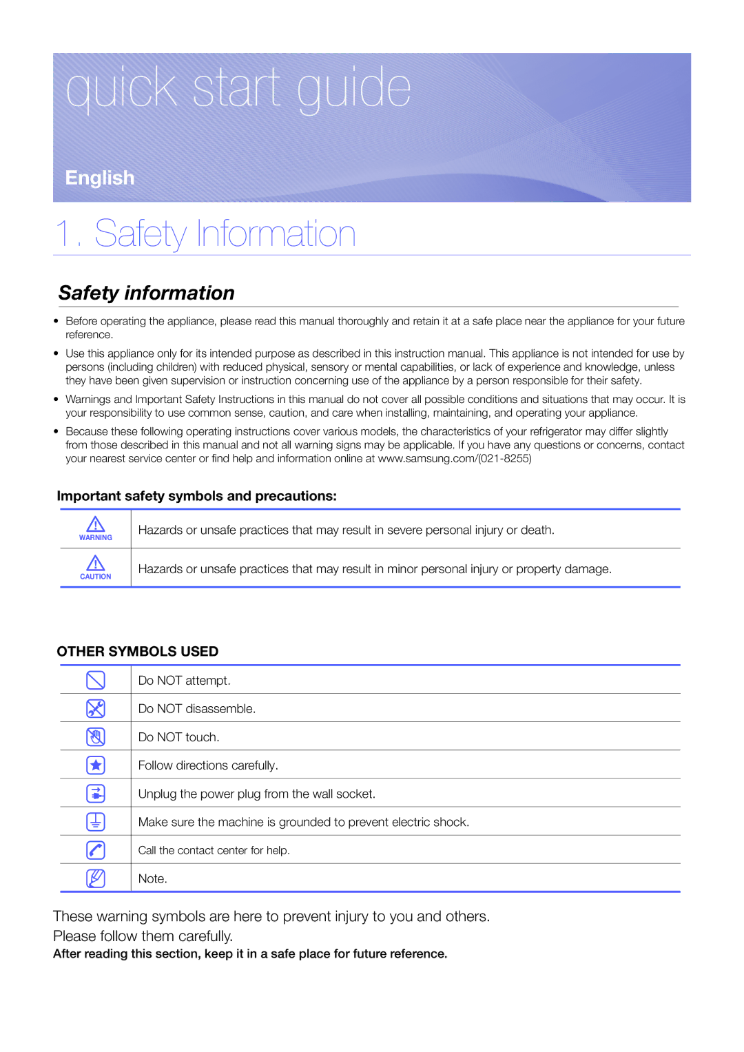 Samsung RF24FSEDBSR/EF, RF24FSEDBSR/EO, RF24FSEDBSR/EE manual Quick start guide, Safety Information 