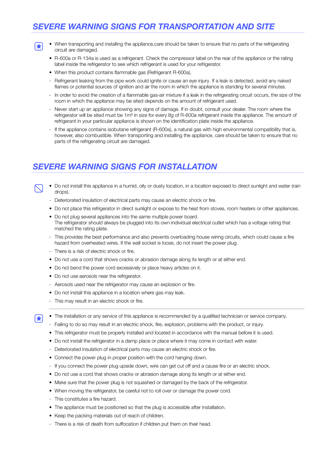 Samsung RF24FSEDBSR/EE manual Severe Warning Signs for Transportation and Site, Severe Warning Signs for Installation 