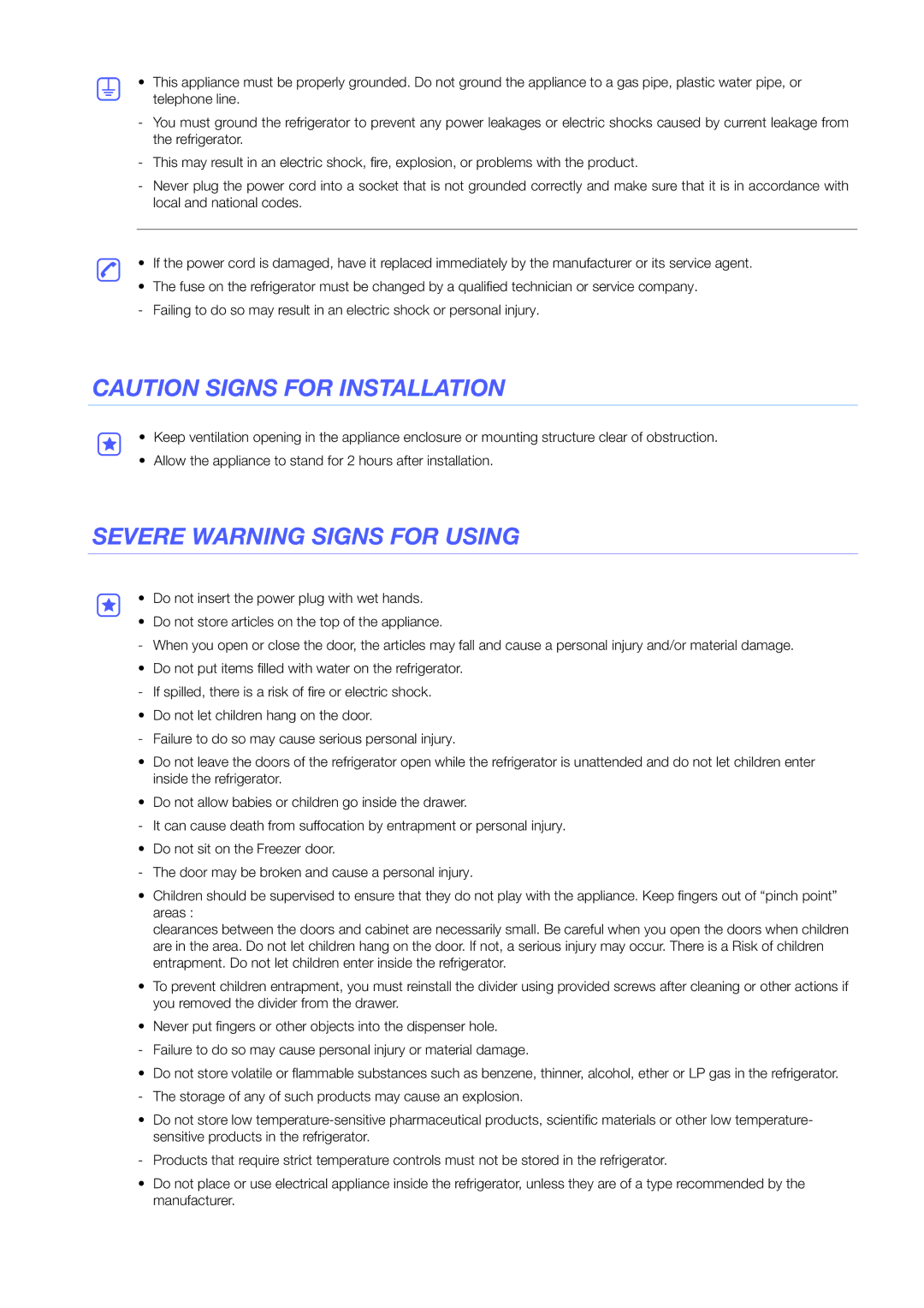 Samsung RF24FSEDBSR/EO, RF24FSEDBSR/EF, RF24FSEDBSR/EE manual Severe Warning Signs for Using 