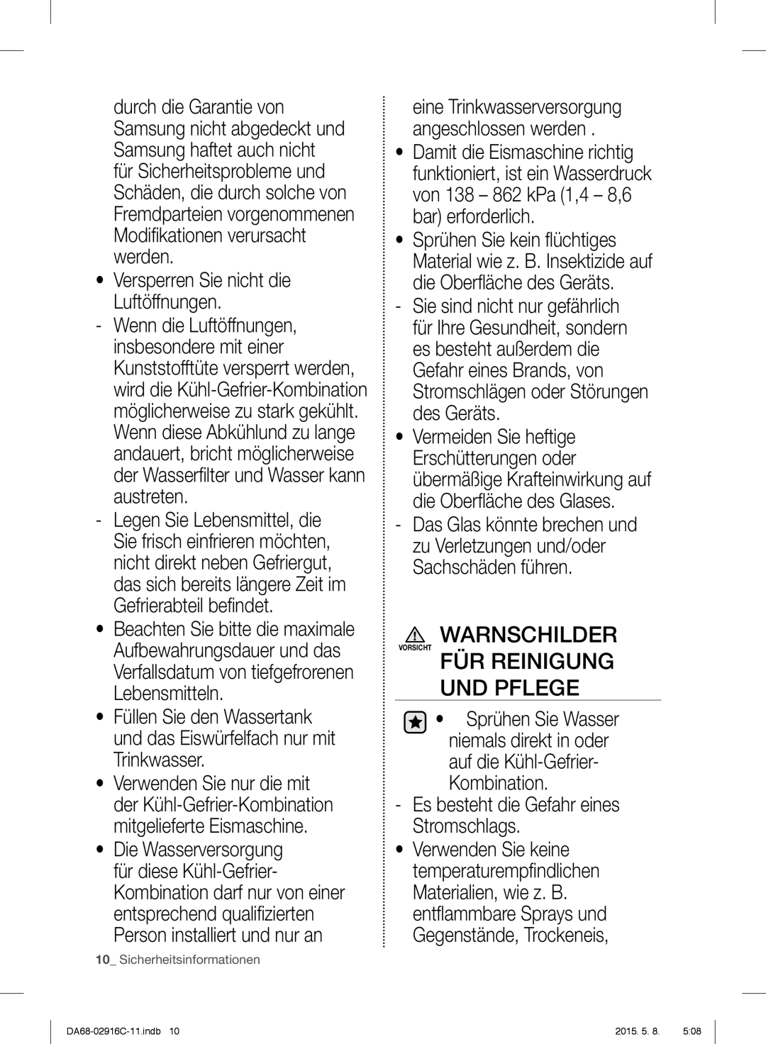 Samsung RF24FSEDBSR/EG, RF24FSEDBSR/EO manual Warnschilder, FÜR Reinigung UND Pflege, Versperren Sie nicht die Luftöffnungen 