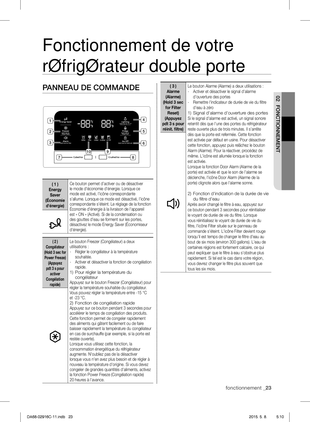 Samsung RF24FSEDBSR/EF, RF24FSEDBSR/EO manual Fonctionnement de votre réfrigérateur double porte, Panneau DE Commande 