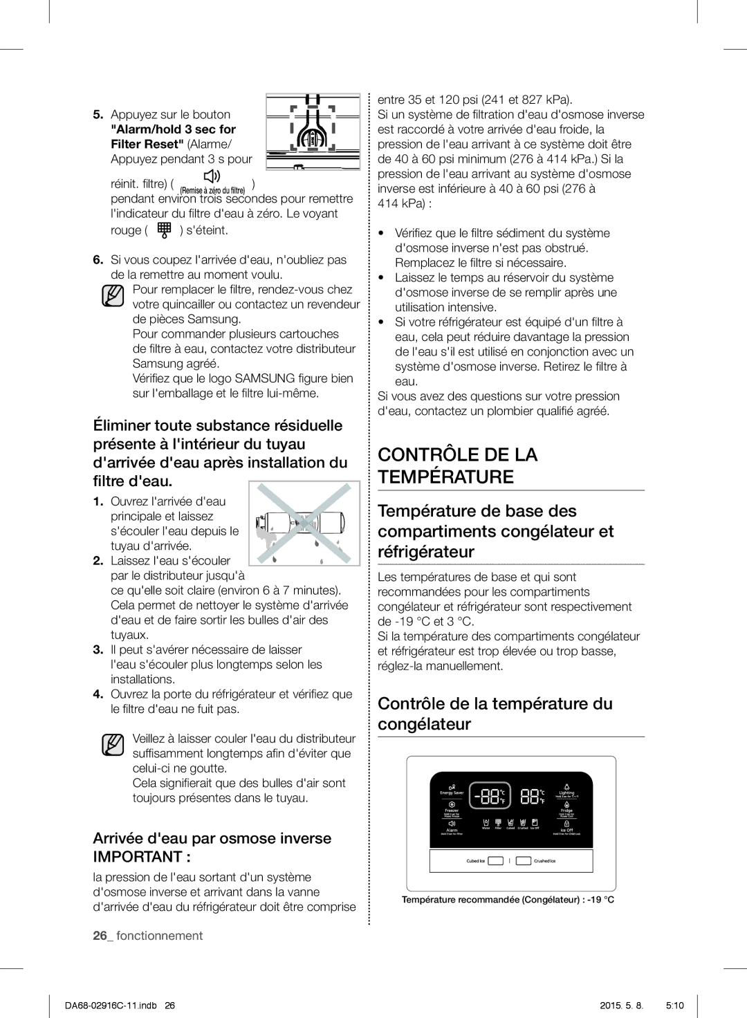 Samsung RF24FSEDBSR/EG manual Contrôle DE LA Température, Contrôle de la température du congélateur, Appuyez sur le bouton 