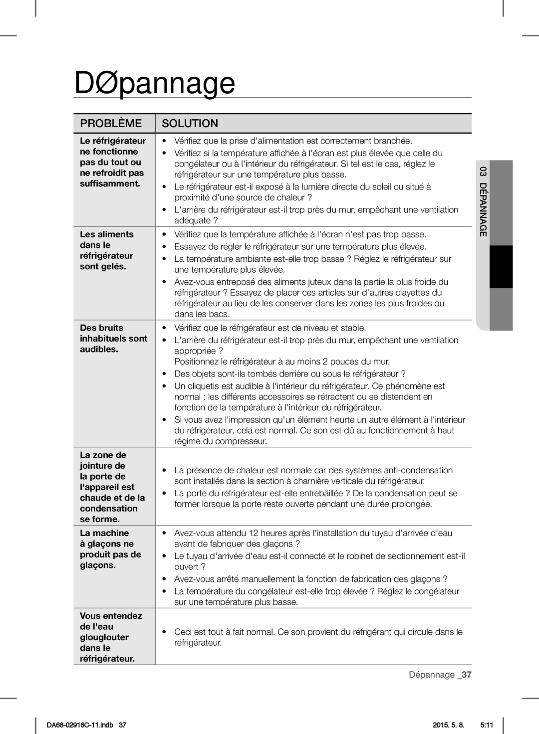 Samsung RF24FSEDBSR/ES, RF24FSEDBSR/EO, RF24FSEDBSR/EG, RF24FSEDBSR/EF manual Dépannage 