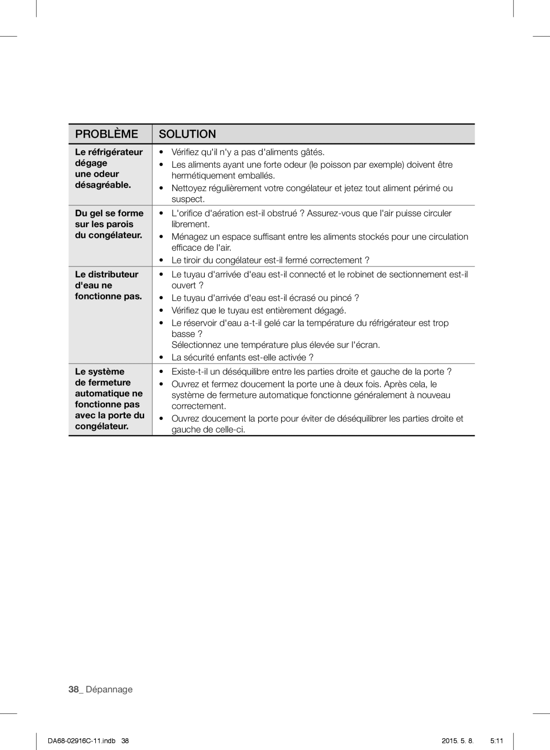 Samsung RF24FSEDBSR/EG Dégage, Une odeur, Désagréable, Du gel se forme, Sur les parois, Du congélateur, Le distributeur 