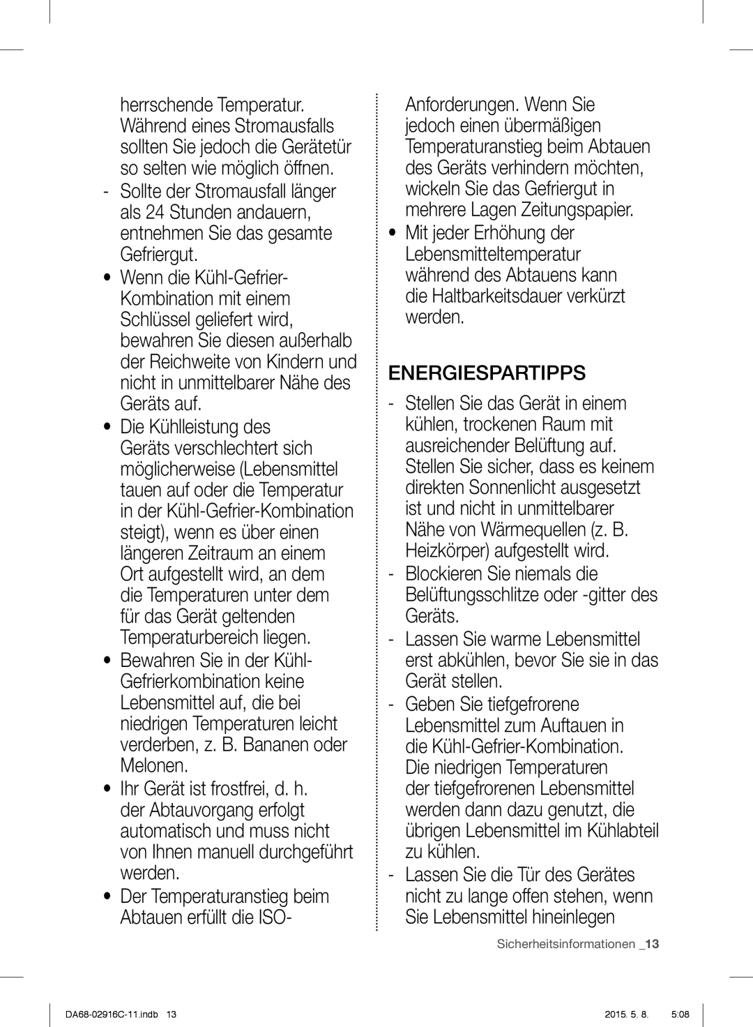 Samsung RF24FSEDBSR/ES, RF24FSEDBSR/EO, RF24FSEDBSR/EG, RF24FSEDBSR/EF manual Energiespartipps 