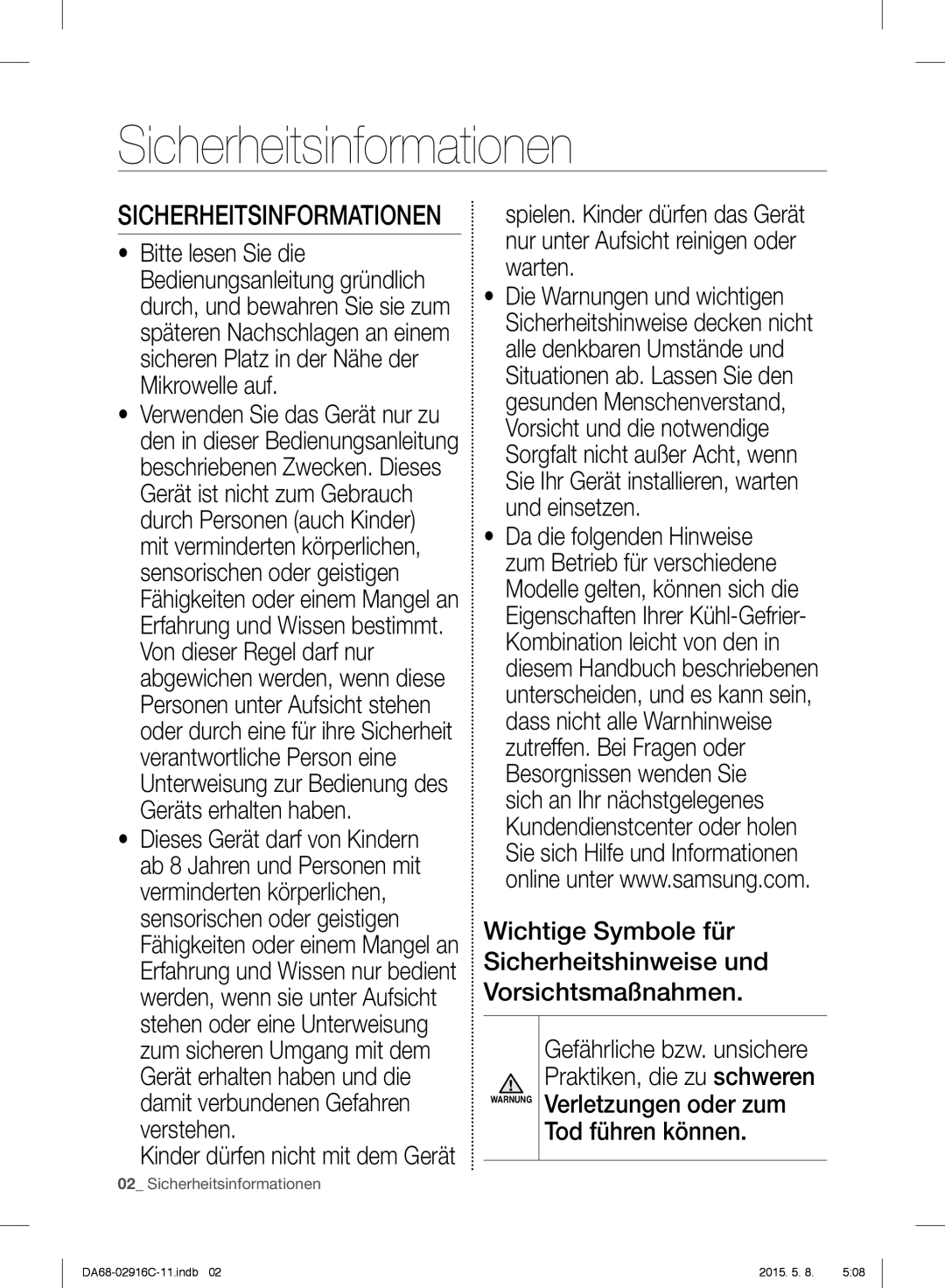 Samsung RF24FSEDBSR/EG, RF24FSEDBSR/EO, RF24FSEDBSR/ES, RF24FSEDBSR/EF manual Sicherheitsinformationen, Tod führen können 