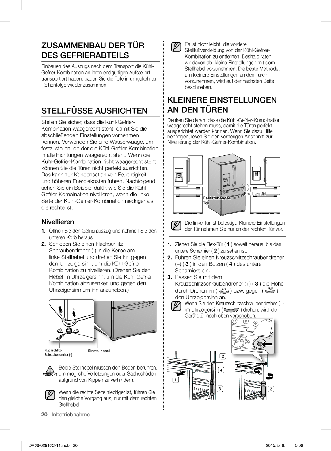 Samsung RF24FSEDBSR/EO Zusammenbau DER TÜR DES Gefrierabteils, Stellfüsse Ausrichten, Kleinere Einstellungen AN DEN Türen 